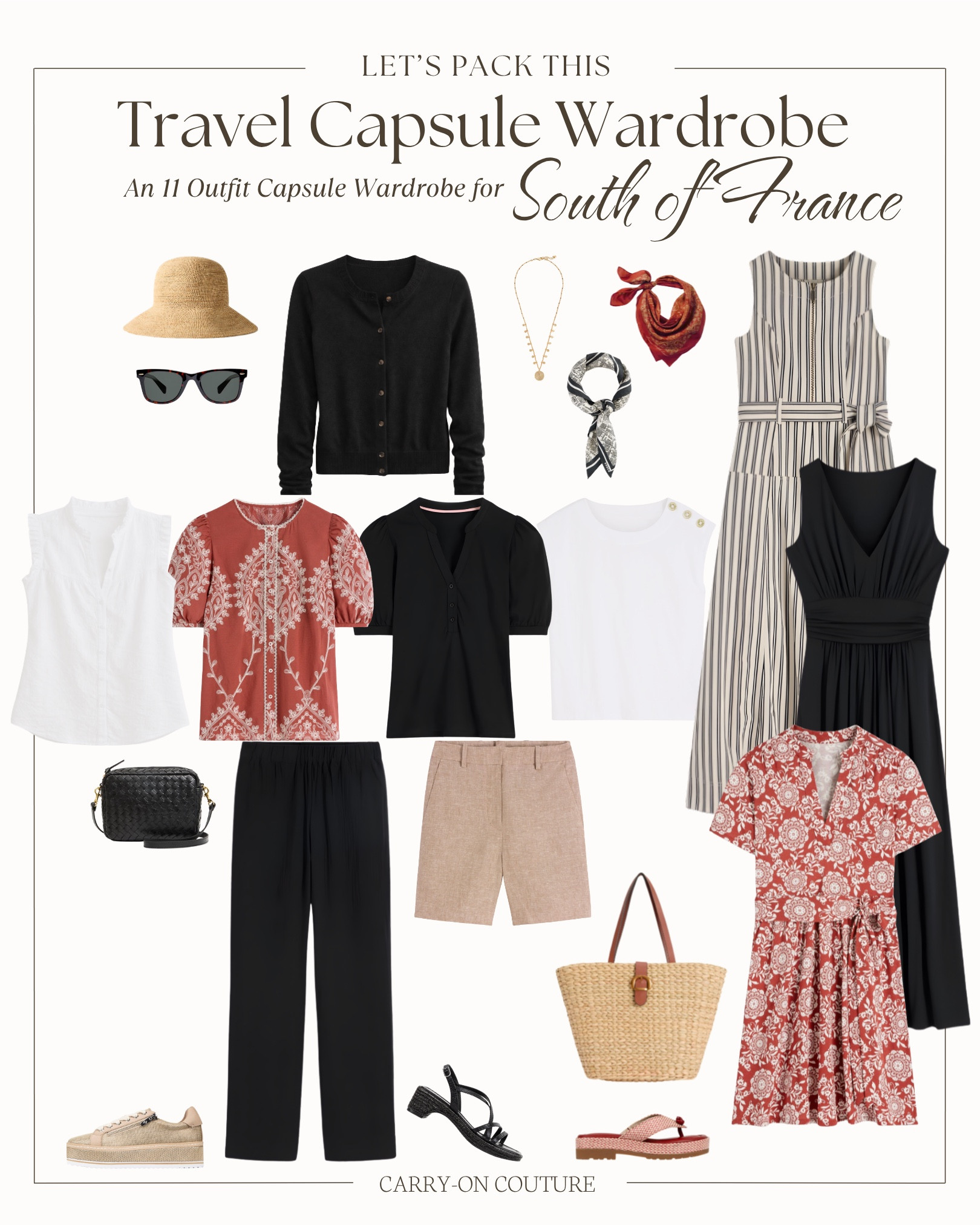 This travel capsule wardrobe was curated for the South of France in late spring, with warm afternoons, cooler mornings, and evenings that soften with a light coastal breeze.

Expect daytime highs: low-70s°F to low-80s°F. Evenings: low-60s°F to upper-60s°F. Late spring in the South of France is typically dry to moderately humid, with strong sun during the day but noticeable cooling in the evenings—so breathable fabrics and light layers are key.

Here’s your packing list for the South of France in late spring:
4 tops
2 bottoms
3 dresses
1 lightweight cardigan
(Clothes: Boden)

3 shoes - sneakers + casual sandal + dressy-ish sandal (Shoes: Donald Pliner)

Everything mixes and matches into more than 11 outfits, and the best part—it all fits in your carry-on suitcase.

Not headed to the South of France? This capsule also works beautifully for coastal California (Santa Barbara, Carmel, Napa), Portugal (Lisbon or the Algarve), northern Italy (Tuscany or Lake Como), or the Greek islands in shoulder season—anywhere with warm days, mild evenings, and a relaxed but polished feel.

⭐️ My travel capsules are created using research, personal travel experience, and my own style preferences. I do my best to account for weather and real-life travel needs, but every trip is different. Use these as a fun starting point, not rigid rules. Take what works, leave what doesn’t, and make it your own.

#LTKOver40 #LTKTravel