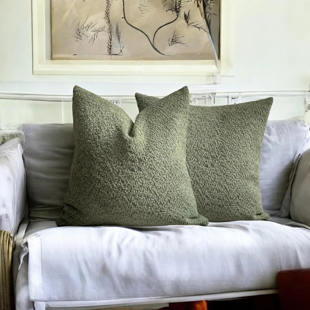Moss Green Boucle Pillow Case, Green Cotton Boucle Throw Pillow Cover, Green Cozy Boucle Pillow, ... | Etsy (US)