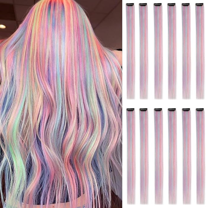 12pcs Purple Pink Blue Clip in Unicorn Extensions Mix tinsels,22 Inch Colored Hair Extensions,2 i... | Amazon (US)