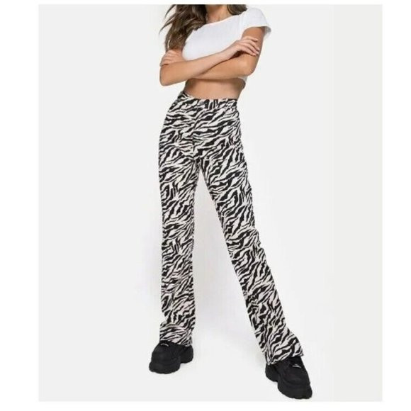Motel Rocks Zoven Flare High Rise Trousers Size Small Stretch Black White Zebra | Poshmark