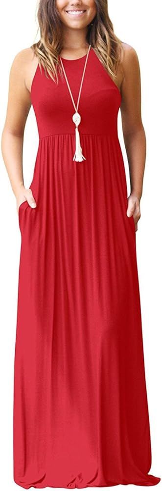 Women's Sleeveless Racerback Loose Plain Maxi Dresses Casual Long Dresses with Pockets | Amazon (US)