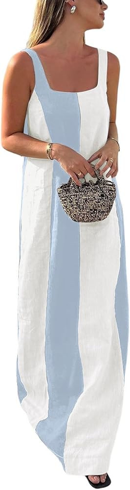 CHARTOU Women Summer Sleeveless Linen Dress Contrast Color Maxi Long Beach Vacation Tank Dress | Amazon (US)