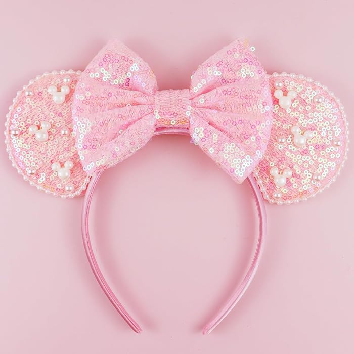 Mouse Ears Headband with Pearl, Pink Sequins Mouse Ears Headbands for Halloween Costume, Princess... | Amazon (US)