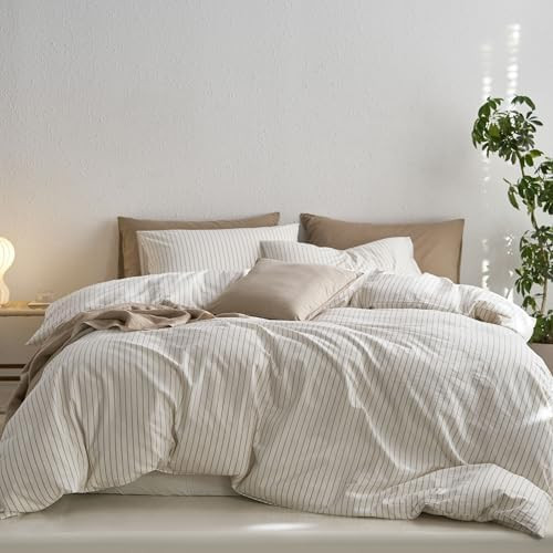 MooMee Bedding Duvet Cover Set Striped 100% Washed Cotton Linen Like Textured Breathable Durable ... | Amazon (CA)
