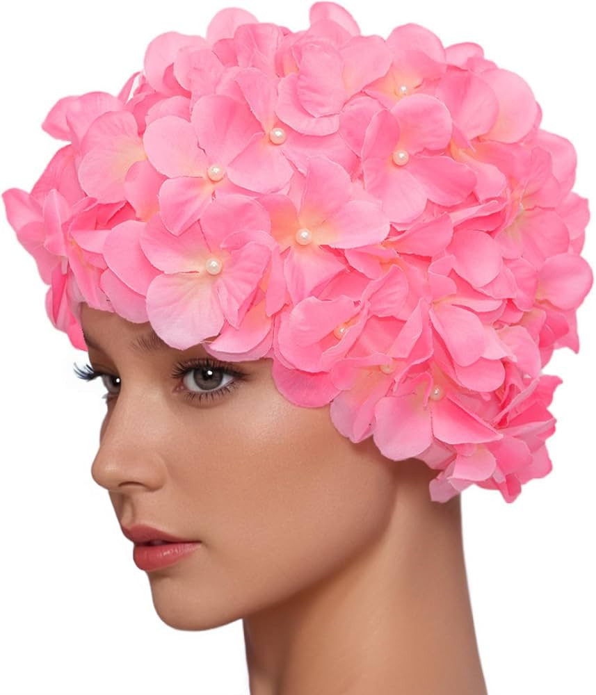 Vintage Floral Petal Retro Swim Caps Bathing Caps for Women (Pink) | Amazon (US)