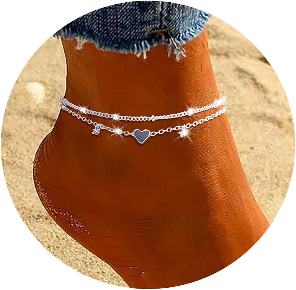 Sterling Silver Anklet Bracelets for Women Waterproof, 925 Sliver Plated CZ & Heart Charm Dainty ... | Amazon (US)