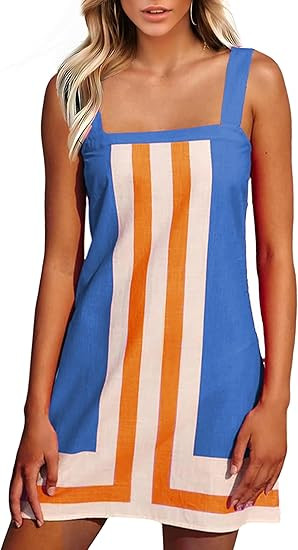 Fiona Jolin Women's Striped Mini Dress Boho Shoulder Strap Sundress Summer Cover Up Dress for Bea... | Amazon (US)