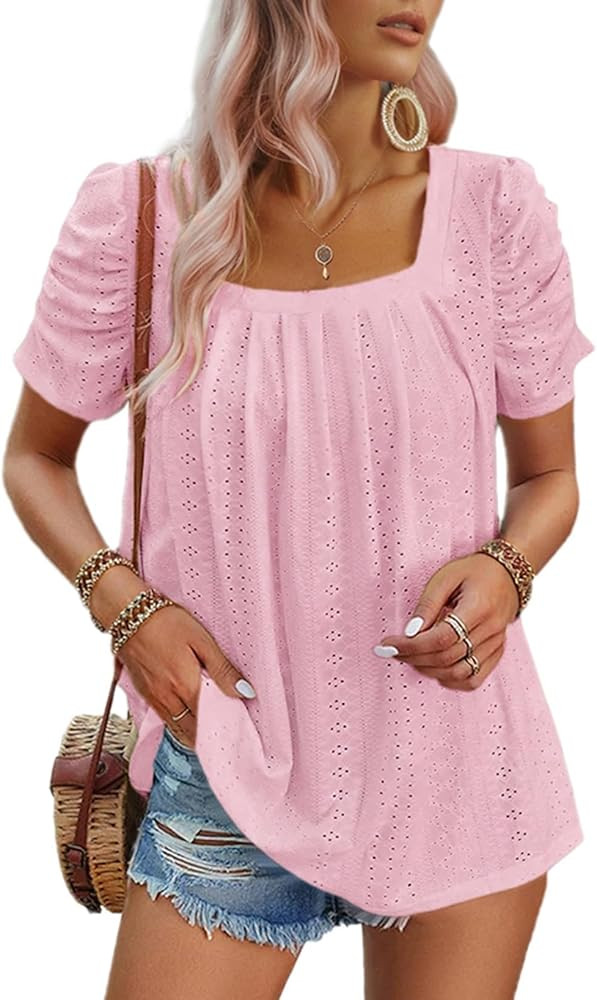 Dokotoo Women's Hollow Pleated Short Sleeves Square Neck Casual Loose Solid Color Knit T Shirts T... | Amazon (US)