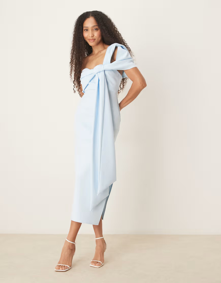 ASOS DESIGN scuba off the shoulder bow detail midi dress in light blue | ASOS (Global)