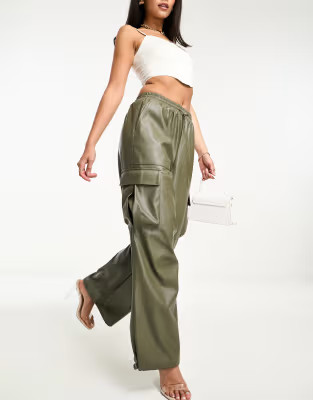 Miss Selfridge faux leather baggy cargo pants in khaki | ASOS (Global)