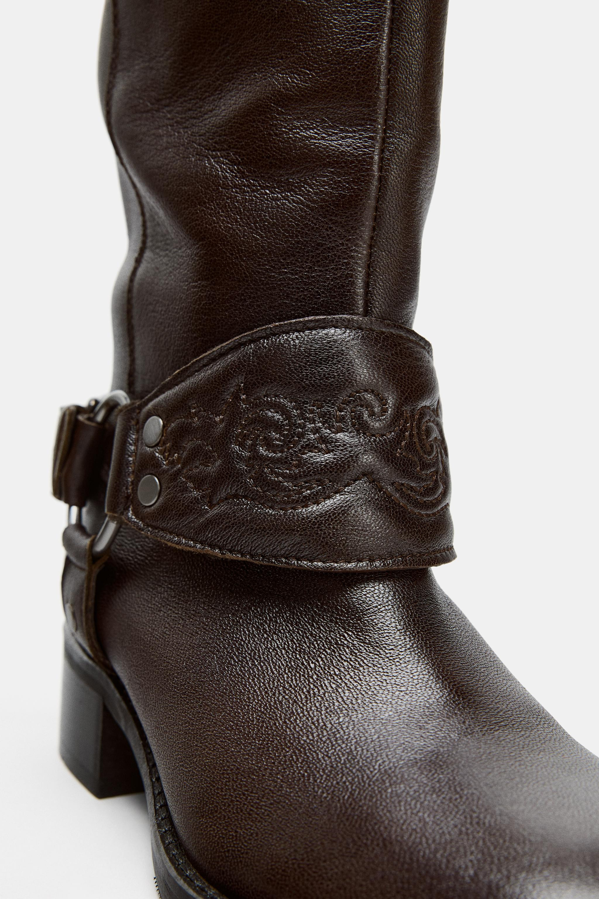 LEATHER EMBROIDERED FLAT BOOTS | Zara US