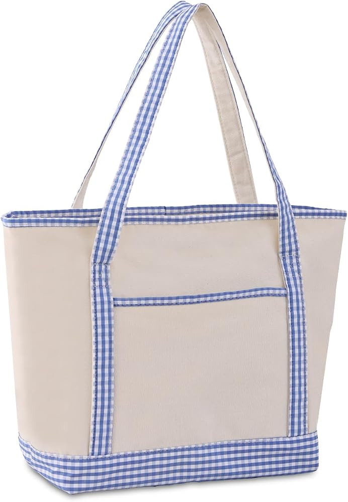 Tote Bag for Women,Canvas Gingham Handbag with Zipper and Pockets,Shoulder Bag for Work Travel Be... | Amazon (US)