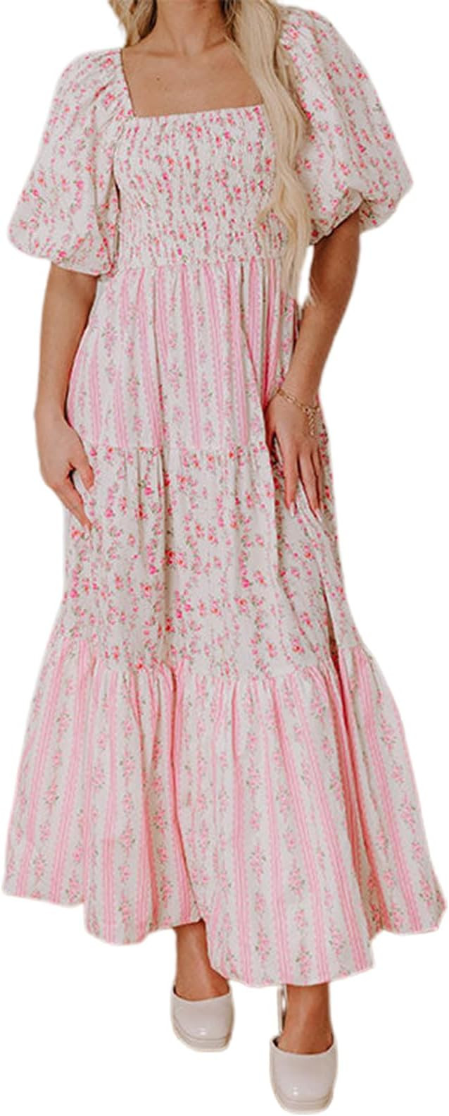 Women Puff Sleeve Maxi Dress Boho Floral Patchwork Square Neck Smocked Tiered Ruffle Flowy Dress ... | Amazon (US)