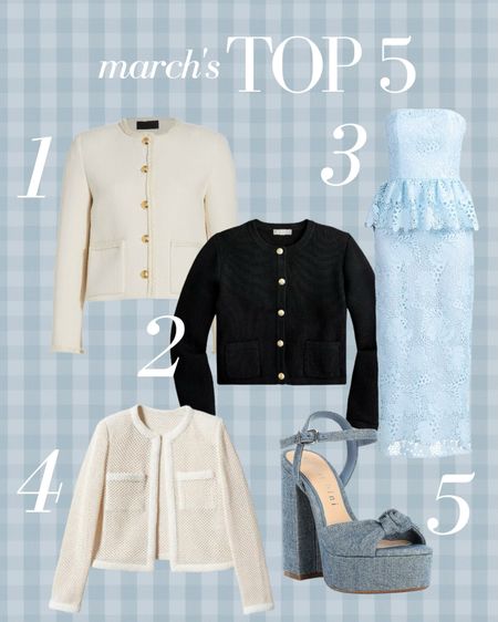 March’s Top 5 best sellers! No surprise here, three of the five are lady jackets! Plus the best under $100 denim platforms and a cute spring dress 

#LTKstyletip #LTKshoecrush #LTKSeasonal
