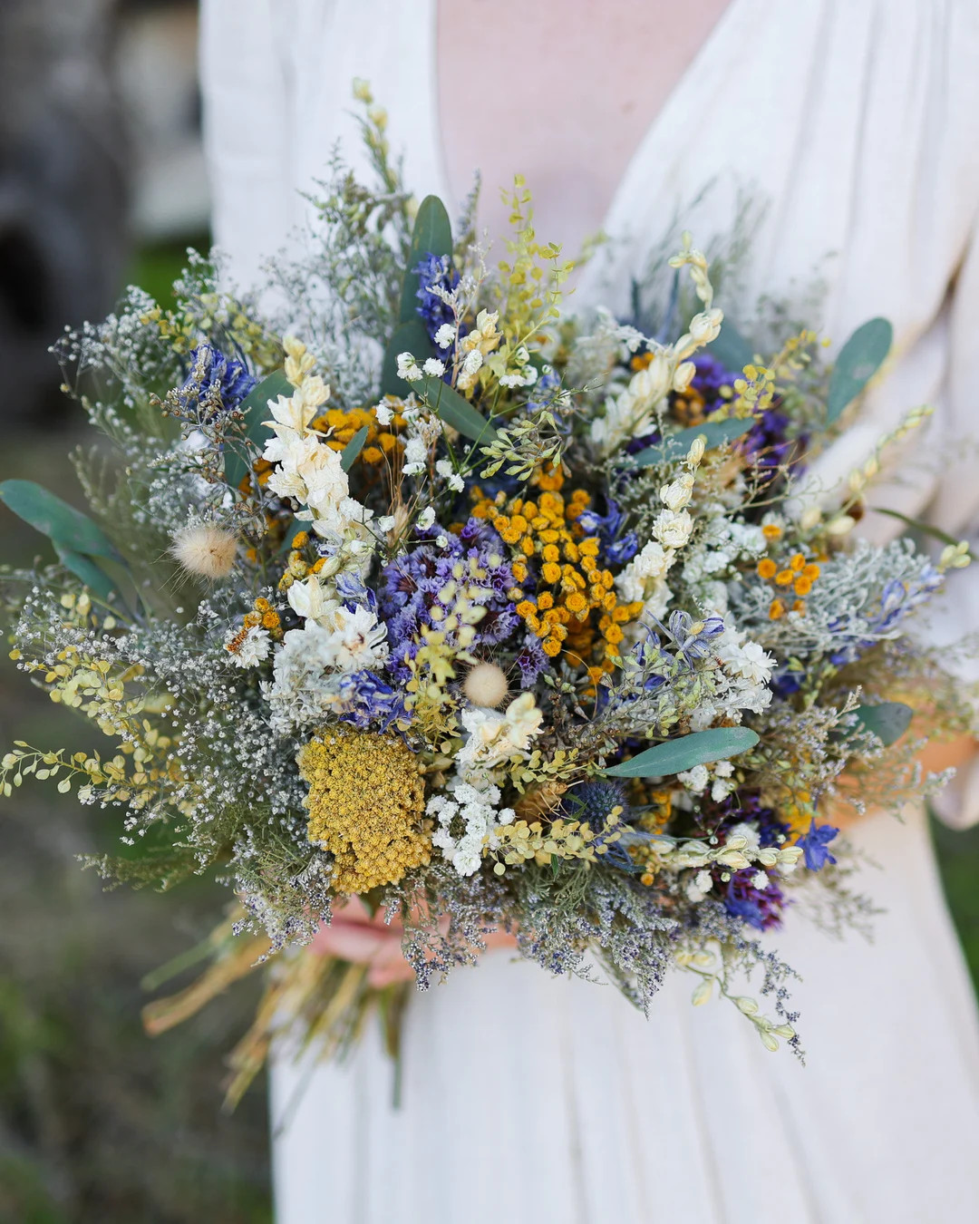 Dried Yarrow Bridal Bouquet With Eucalyptus, Daisies & Lavender – Rustic Wildflower Bouquet for... | Etsy (US)
