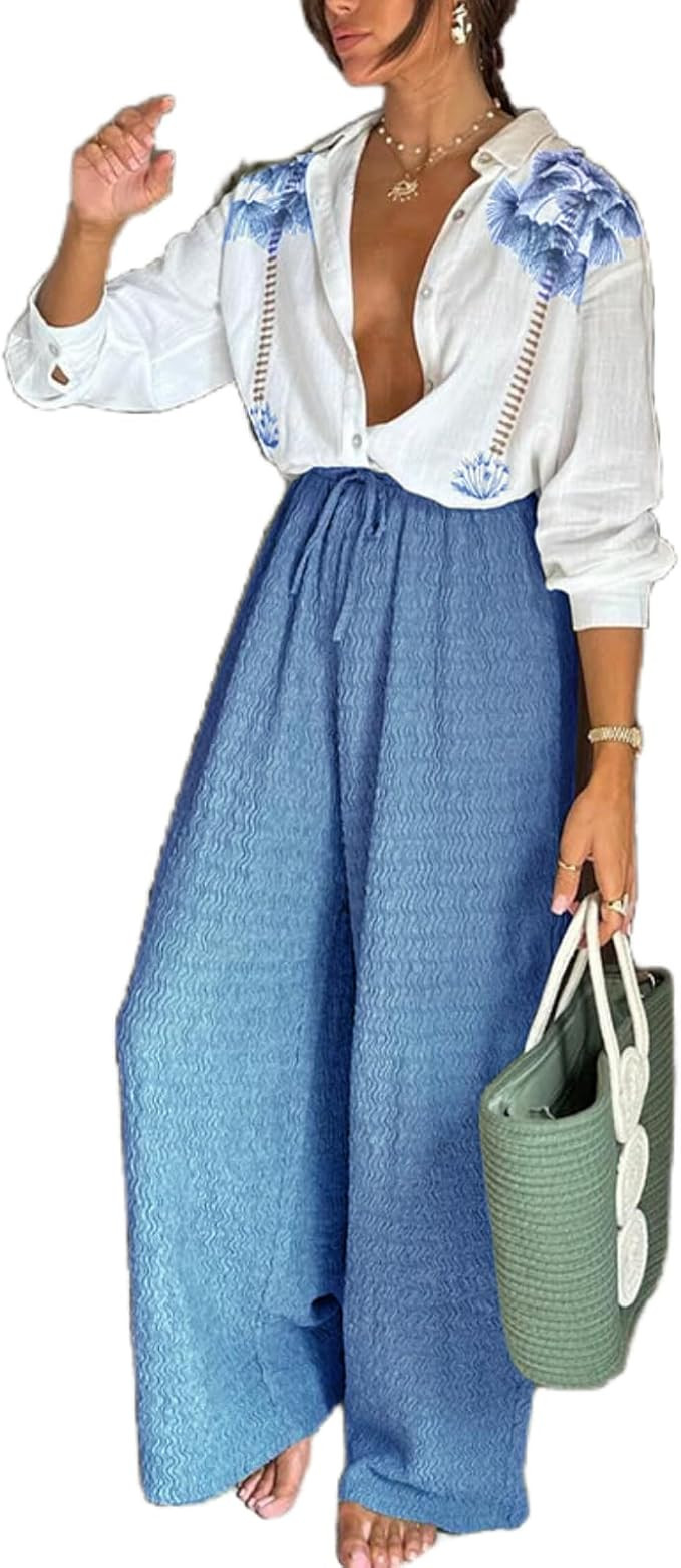 Womens Print 2 Piece Outfits Long Sleeve Lapel Buttons Top Flare Pants Wide Leg Pants Casual Sets... | Amazon (US)