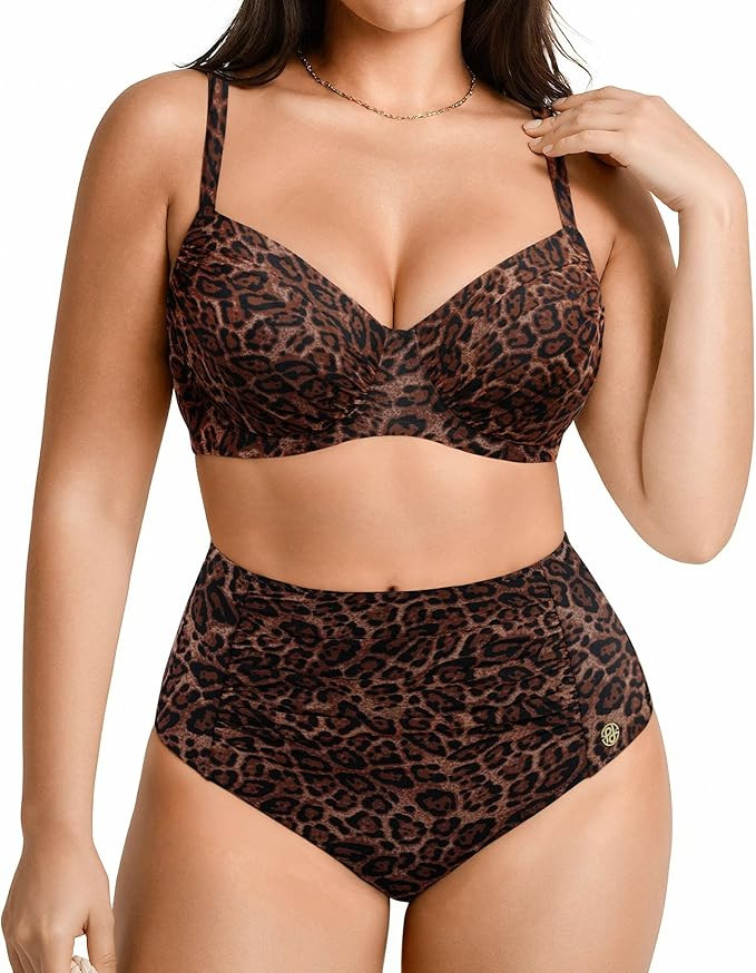 Popilush Tummy Control Shapewear Swimsuits for Women High Waisted Bikini Sets Ruched Push Up Two ... | Amazon (US)