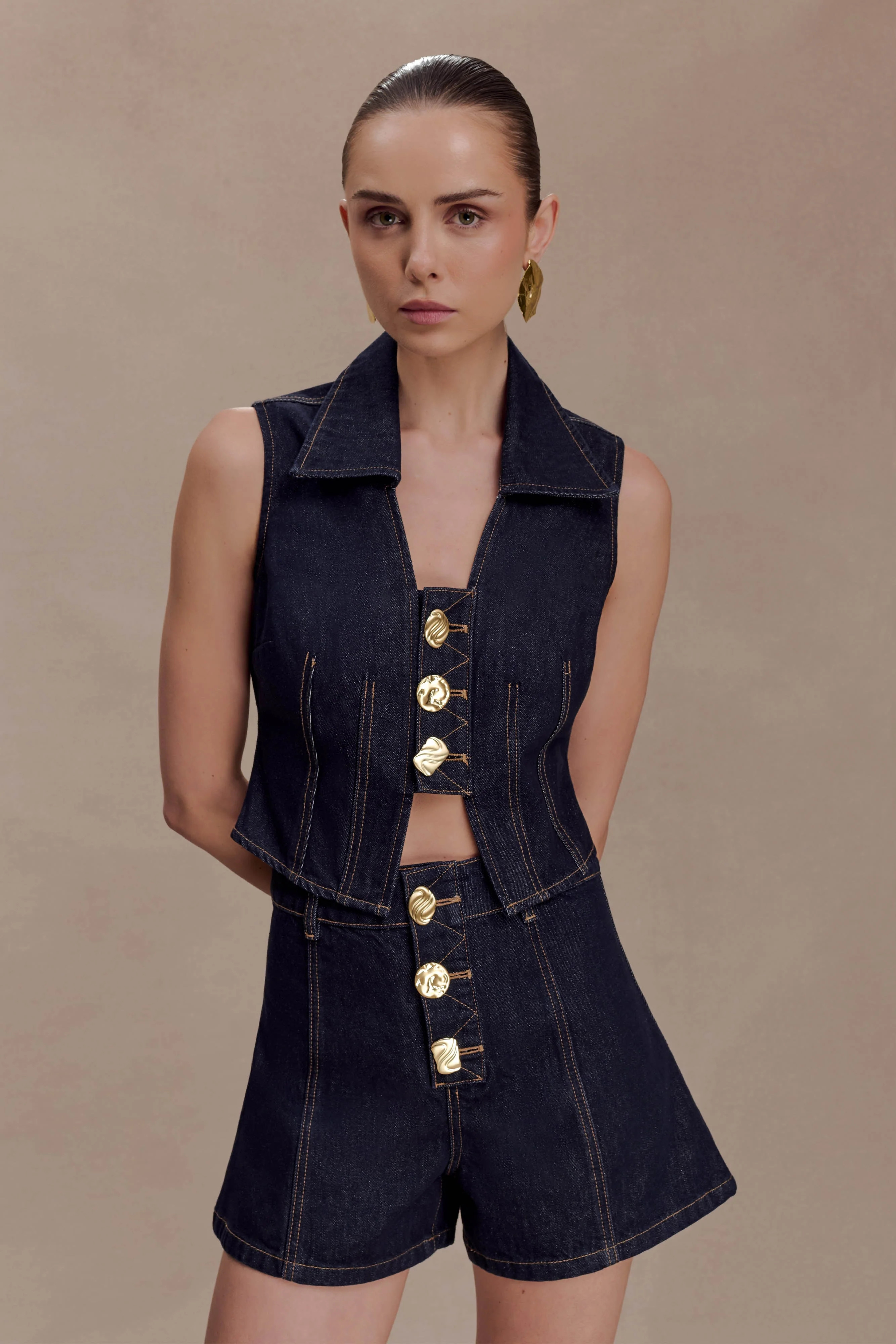 Denim Vest With Decorative Buttons - Washed Indigo Blue | MESHKI US