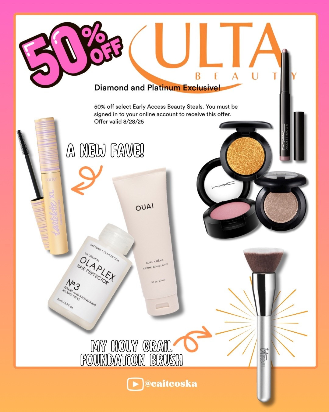 ✨ Diamond & Platinum Exclusive ✨
Today only (8/28) you can grab my must-have beauty favorites for 50% OFF during Ulta’s Early Access Steals! 💄🛍️

💛 Tartelette XL Tubing Mascara – zero flaking, easy removal, and the perfect lift for all-day lashes.
🌸 MAC Single Shadows – buttery smooth, blend like a dream, and perfect for both everyday looks & bold pops of color.
🌊 Ouai Curl Cream – lightweight, frizz-fighting, and leaves curls soft without crunch.
🤍 Olaplex No. 3 Hair Perfector – my holy grail for repairing damage and keeping hair strong + shiny.
🖌️ It Cosmetics x Ulta Buffing Foundation Brush #110 – blends foundation seamlessly, no streaks, just flawless skin.

Run, don’t walk 👟💨 and shop through my LTK so you don’t miss out.

👉 Tap to shop now and save BIG on your beauty staples!

#LTKSaleAlert #LTKFindsUnder50 #LTKBeauty