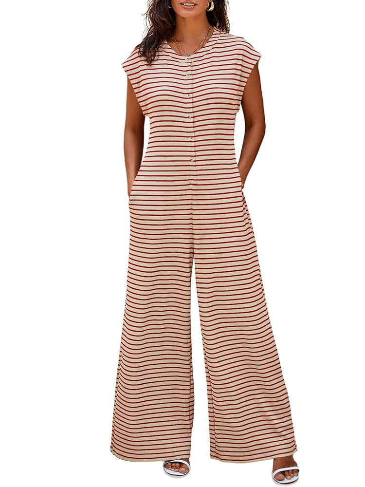 Cicy Bell Womens Casual Striped Jumpsuits Summer Cap Sleeve Wide Leg Jumper Romper Button Down Tr... | Amazon (US)