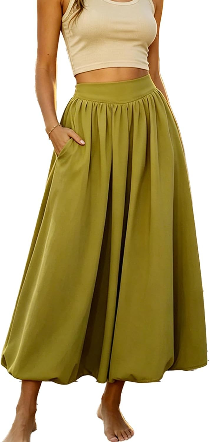 Women's Bubble Maxi Skirt, Y2K Puffy Bubble Hem A-Line Balloon Skirt with Pockets, Elastic Waist Skirts for Women | Amazon (US)
