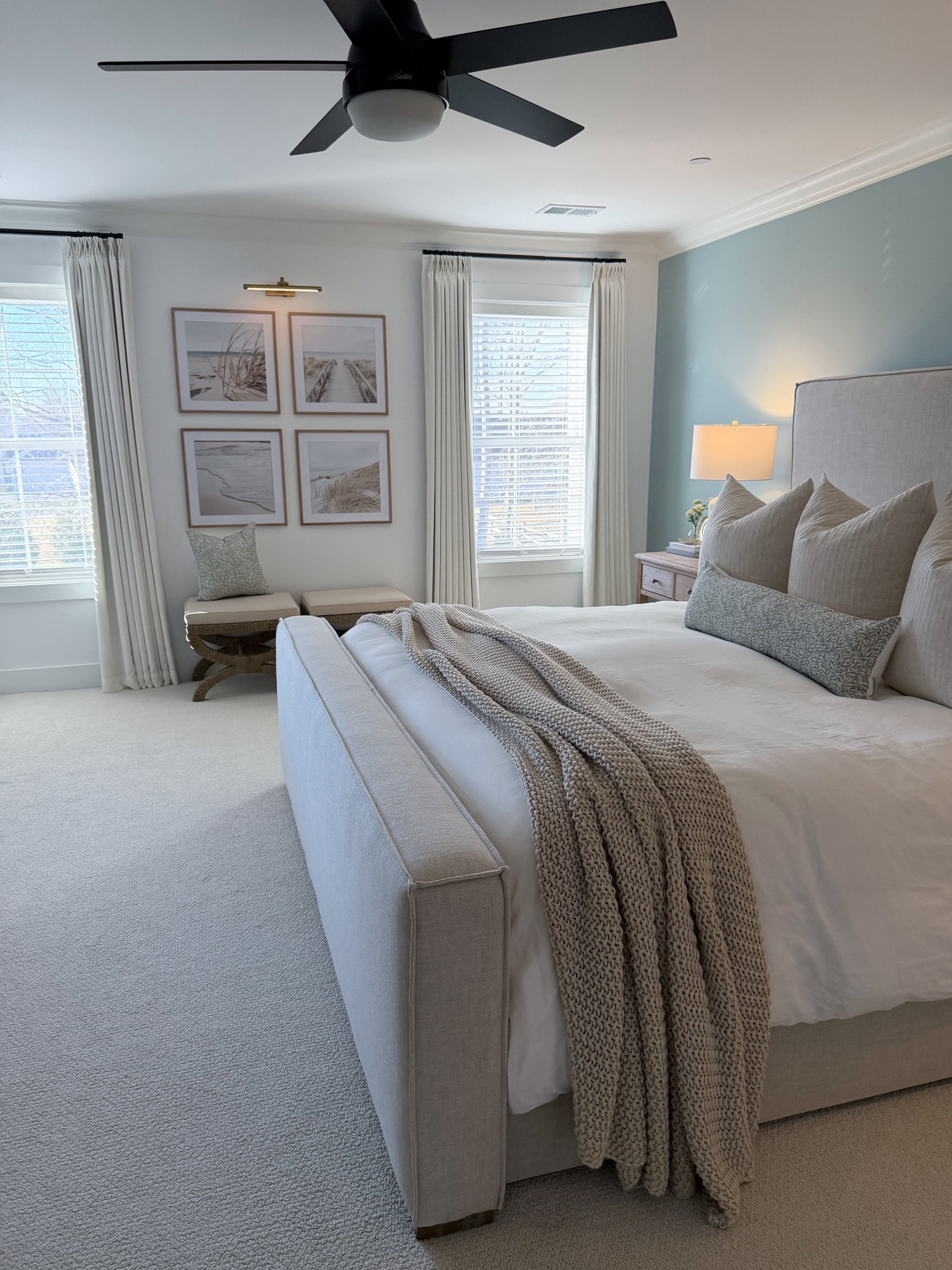 neutral bedroom decor, coastal bedroom, light blue bedroom, serene bedroom, modern coastal bedroom, upholstered bed, neutral bedding, layered bedding, bench at foot of bed, bedroom bench, beige bedroom, calming bedroom decor, primary bedroom, master bedroom decor, coastal wall art, bedroom wall art, neutral home decor, modern traditional bedroom, white curtains, soft neutral decor

#LTKHome #LTKdayinmylife #LTKSaleAlert