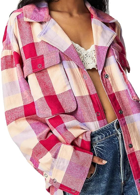 Plaid Tops Shirts for Womens Free Jacket Izzie Cargo People Dupes Casual Long Sleeve Cargo Pocket... | Amazon (US)