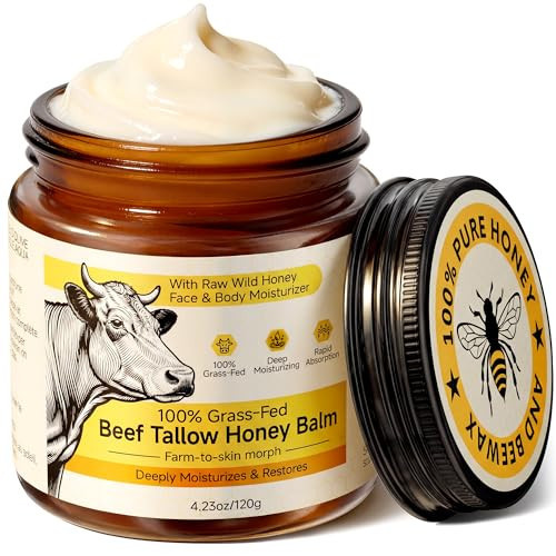 Beef Tallow for Skin & Face, Whipped Tallow and Honey Balm Cream, 100% Grass-Fed Beef Tallow Face Moisturizer with Raw Honey, All Natural Organic Body Lotion Skincare for Women & Men, Unscented 4.2 OZ | Amazon (US)