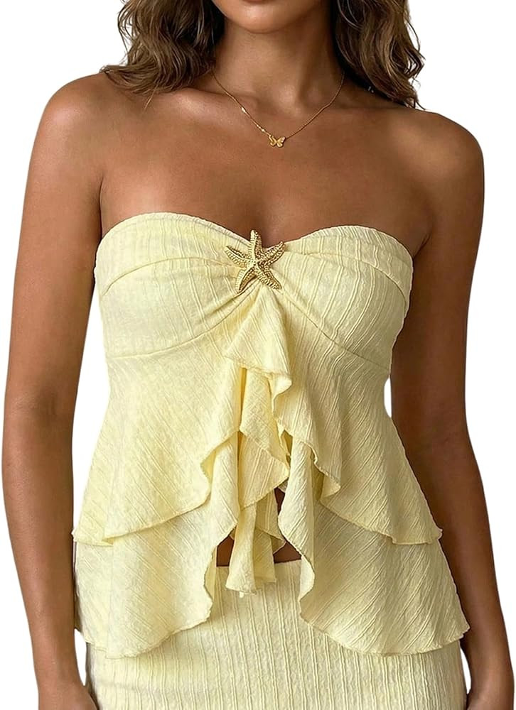 OYOANGLE Women's Starfish Layered Ruffle Strapless Top Ruched Sleeveless Asymmetrical Tube Tops | Amazon (US)
