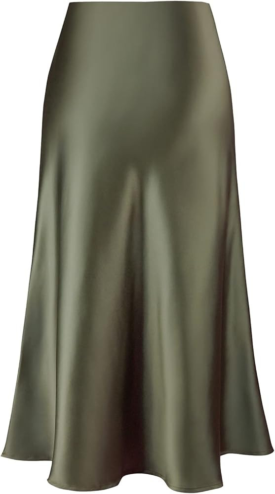 Women's Satin High Waist Hidden Elasticized Waistband Flared Casual A Line Midi Skirt | Amazon (US)