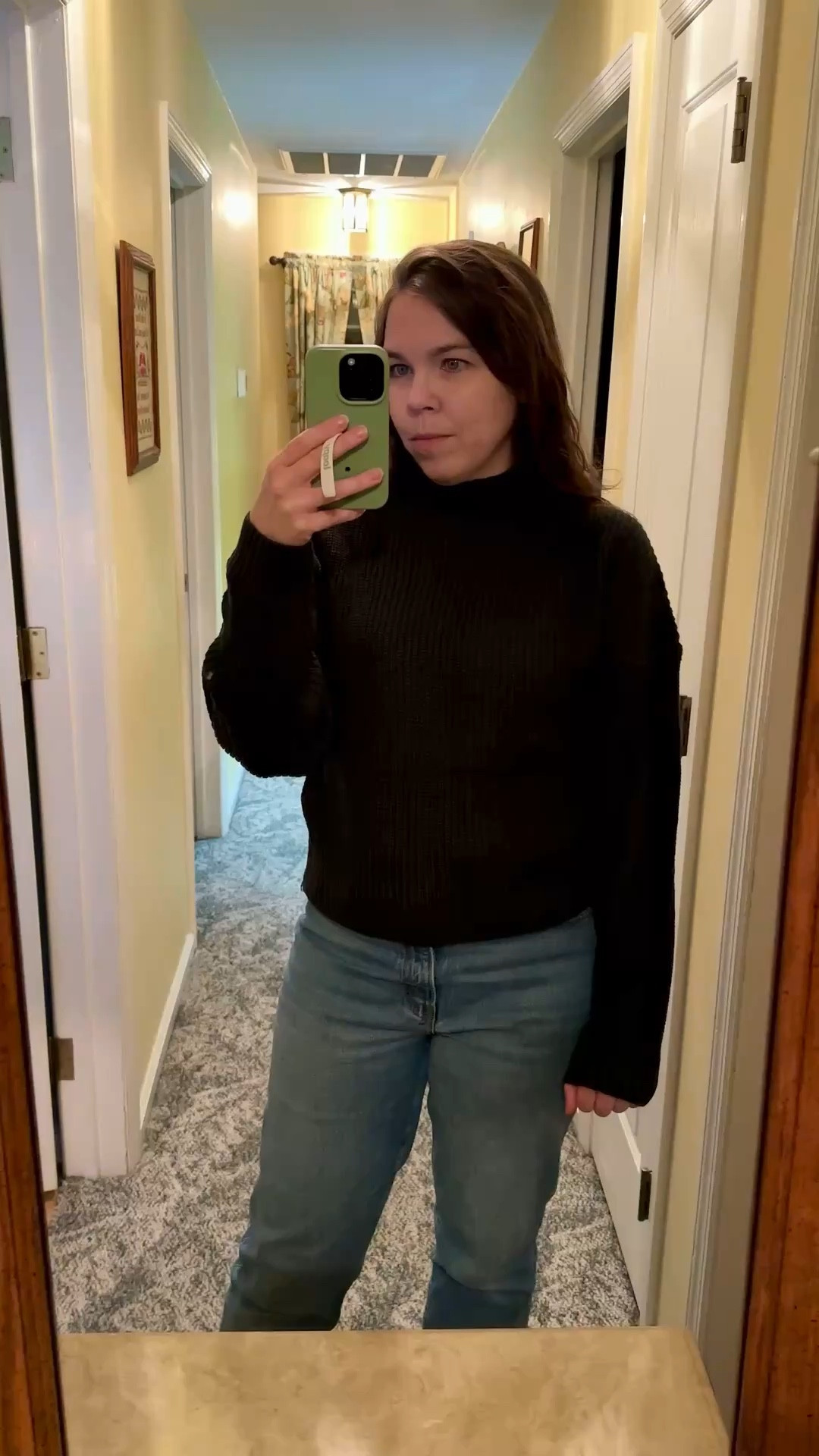 Mock-neck dark green sweater with Abercrombie jeans. Medium in the sweater, 28 in the jeans. 

#LTKootd #LTKmomlife #LTKSeasonal