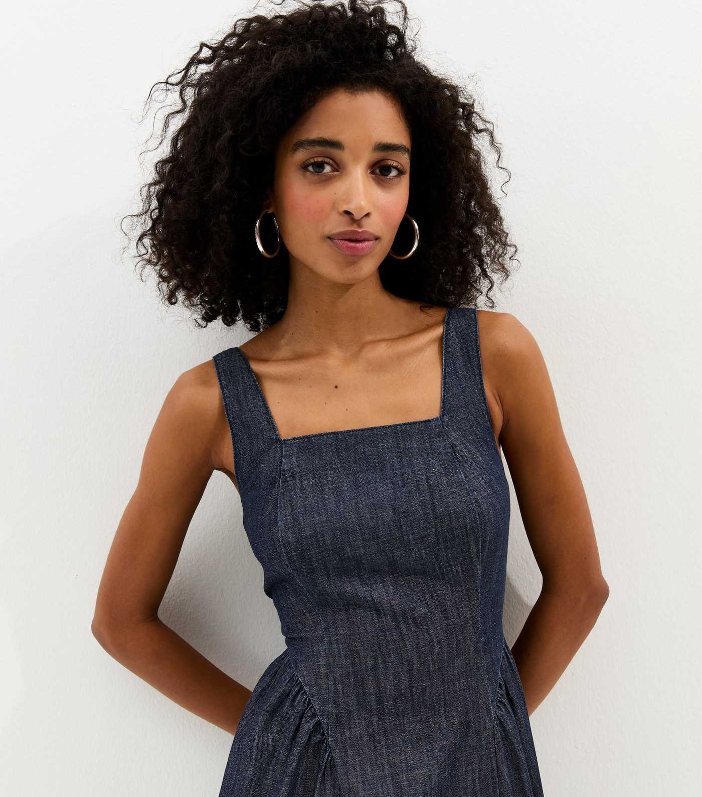 Navy Denim Square Neck Midi Dress | New Look | New Look (UK)