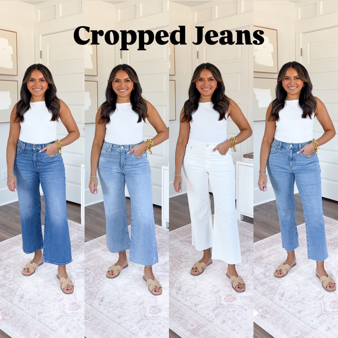 For reference: I’m 5’0, 32b bra size, and 2/26 in bottoms, pear shaped. 

White tank size xs TTS
Deep sea blush wash wide leg crop jeans size 26 petite TTS
Tan sandals size 5.5 TTS

White tank size xs TTS
Spring storm wash wide leg crop jeans size 26 petite TTS
Tan sandals size 5.5 TTS

White tank size xs TTS
Seashell white wash wide leg crop jeans size 26 petite TTS
Tan sandals size 5.5 TTS

White tank size xs TTS
Palm blue wash wide leg crop jeans size 27 petite - i sized up a size, these fit a snug in the waist
Tan sandals size 5.5 TTS

Petite jeans
Petite pants
Short girl jeans
Denim try on
Spring outfits
Honey Sweet Petite
Honeysweetpetite


#LTKSaleAlert #LTKPetite #LTKStyleTip