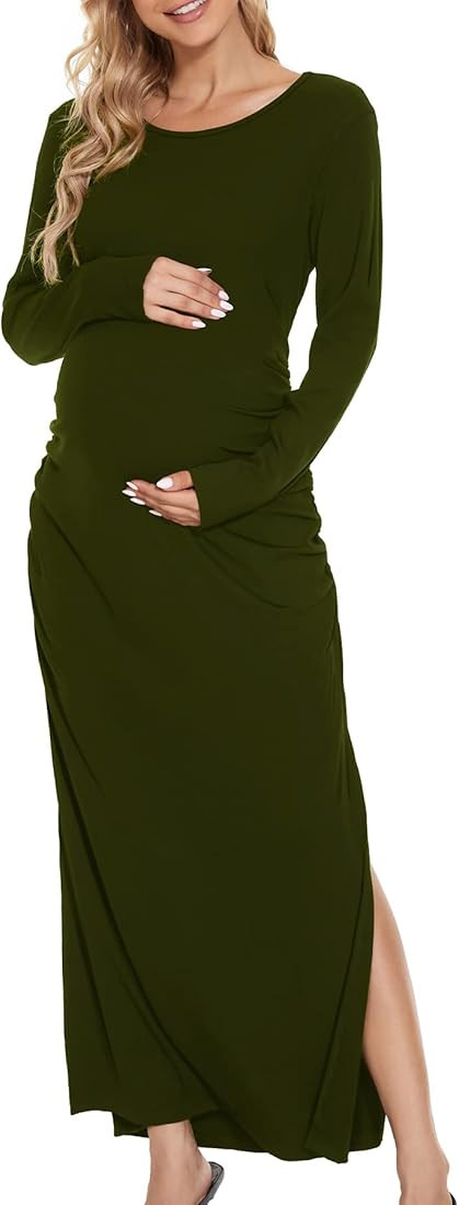 Smallshow Women's Split Maternity Dress Long Sleeve Ruched Pregnancy Clothes | Amazon (US)