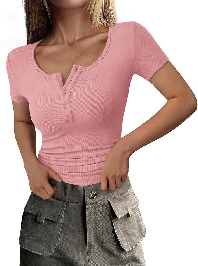 PRETTYGARDEN Womens 2026 Summer Short Sleeve Tops Ribbed Henley Button Slim Fit Basic Casual T Sh... | Amazon (US)
