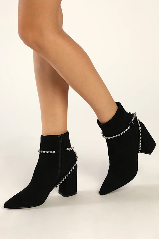 Guene Black Suede Rhinestone Pointed-Toe Ankle Booties | Lulus (US)