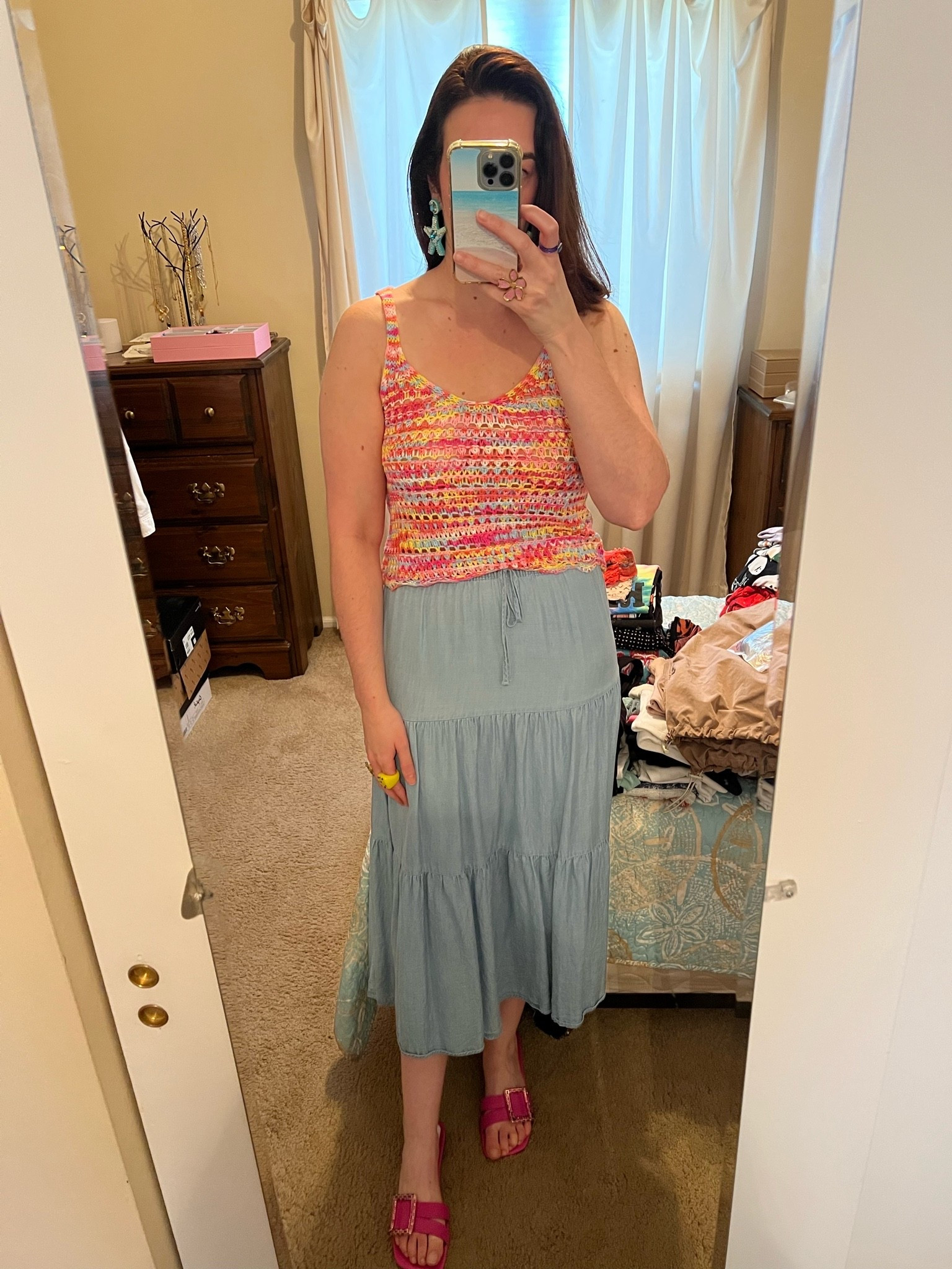 Multicolor cropped knit tank (s). Light chambray tiered maxi skirt (s). Pink sandals (8.5). #knittank #croppedtank #multicolortank #skirt #maxiskirt #chambrayskirt #denimskirt #tieredskirt #pinksandals #sandals #summeroutfits #datenightoutfits
summer outfits 
date night outfits

#LTKootd #LTKSeasonal
