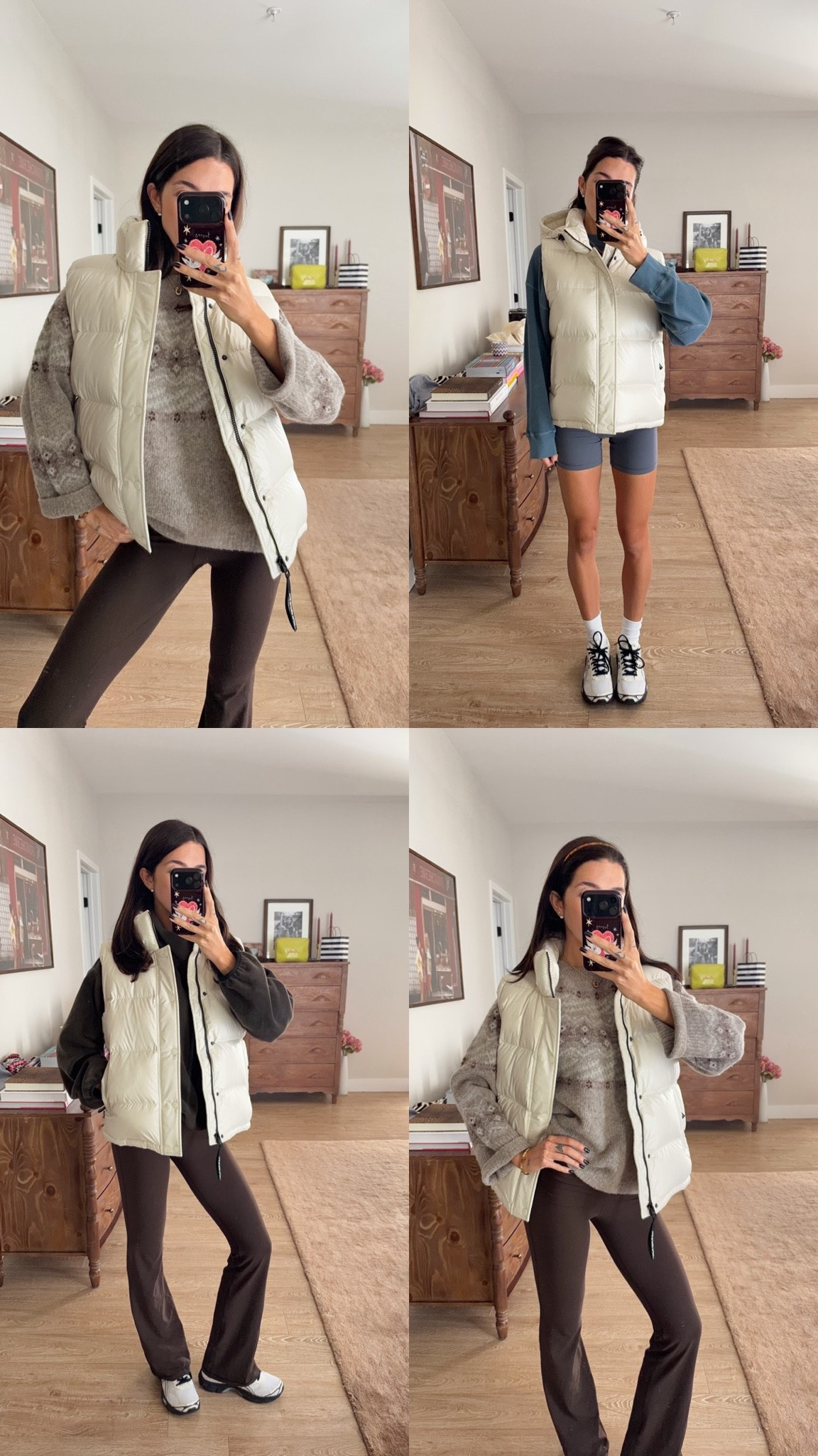 @Aritzia super puff styling looks! Perfect fall outfits and winter! M in vest, S in harlow sweater, S in fargo longsleeve, S in vale funnel neck, 2 in 32” flare leggings, 4 in infinite butter shorts. #Ad #AritziaPartner