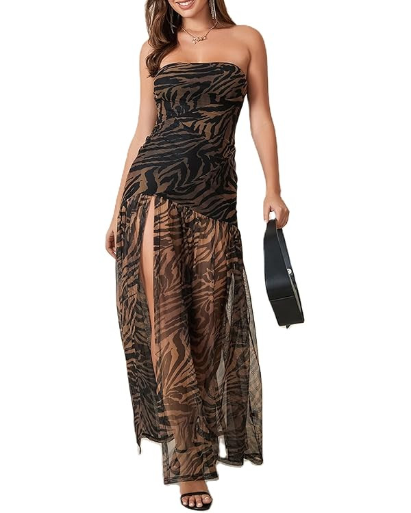 Women Strapless Tube Top Dress Summer Backless Leopard Print High Slit Long Dress Party Club Nigh... | Amazon (US)