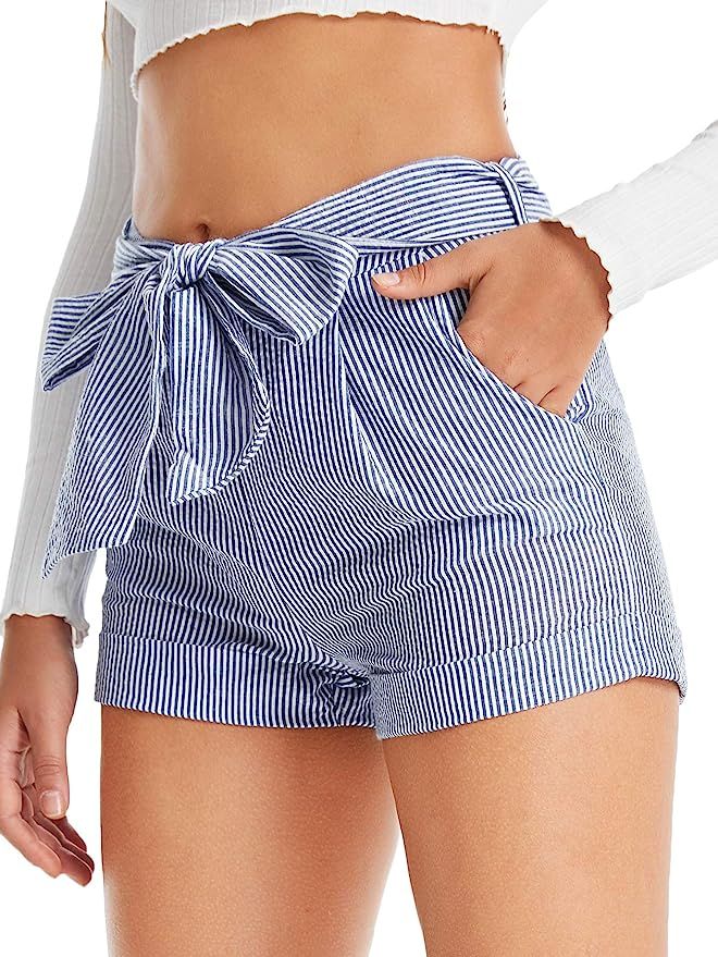 SweatyRocks Women's Casual Elastic Waist Striped Summer Beach Shorts | Amazon (US)