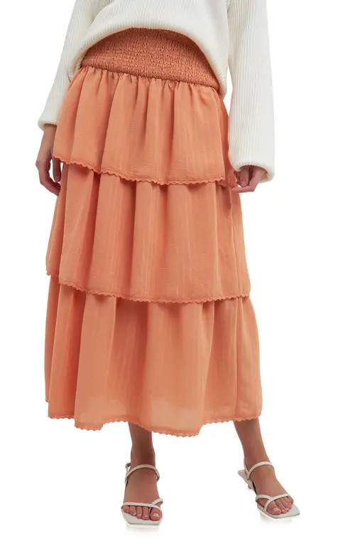 Free the Roses Smock Waist Tiered Ruffle Skirt in Tangerine at Nordstrom, Size Medium | Nordstrom