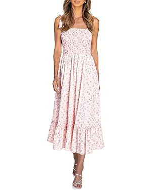 Imily Bela Womens Summer Dress Tie Strap Boho Floral Square Neck Smocked Ruffle A Line Beach Maxi... | Amazon (US)