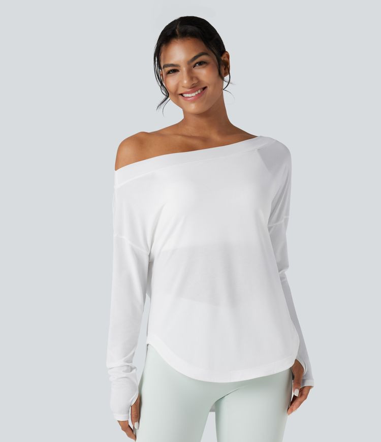 Women’s One Shoulder Long Sleeve Thumb Hole Curved Hem High Low Quick Dry Yoga Sports Top-Built... | HALARA