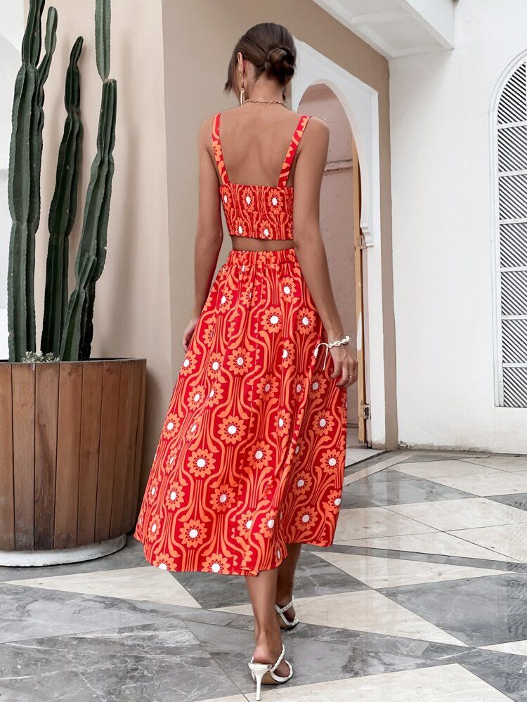 Floral Print Shirred Cami Top & Skirt Set | SHEIN