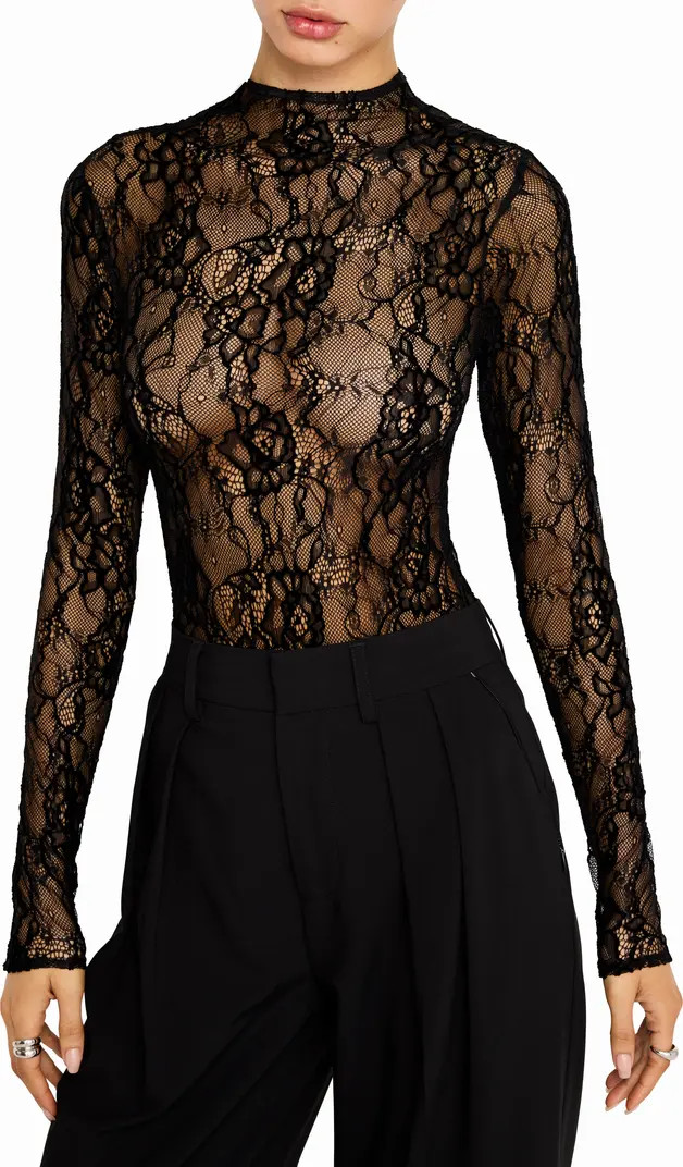 Sheer Lace Mock Neck Long Sleeve Bodysuit | Nordstrom