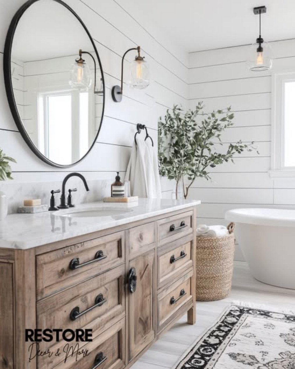 Proof that a bathroom can feel both spa-like and full of charm 🛁✨ The natural wood vanity, matte black fixtures, and shiplap walls create the perfect modern farmhouse moment. And don’t even get me started on that freestanding tub and cozy rug!

#BathroomInspo #ModernFarmhouseBathroom #WoodVanity #ShiplapBathroom #BathroomDesign #FarmhouseVibes #LTKHome #NeutralBathroom #CozyBathroom #BathroomStyling #FreestandingTub #RusticBathroom #BlackBathroomFixtures #BathroomGoals 

 #LTKHome #LTKFindsUnder100