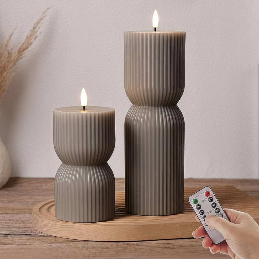 Taupe Ribbed Flameless Pillar Candles with Remote Set of 2 | Amazon (US)