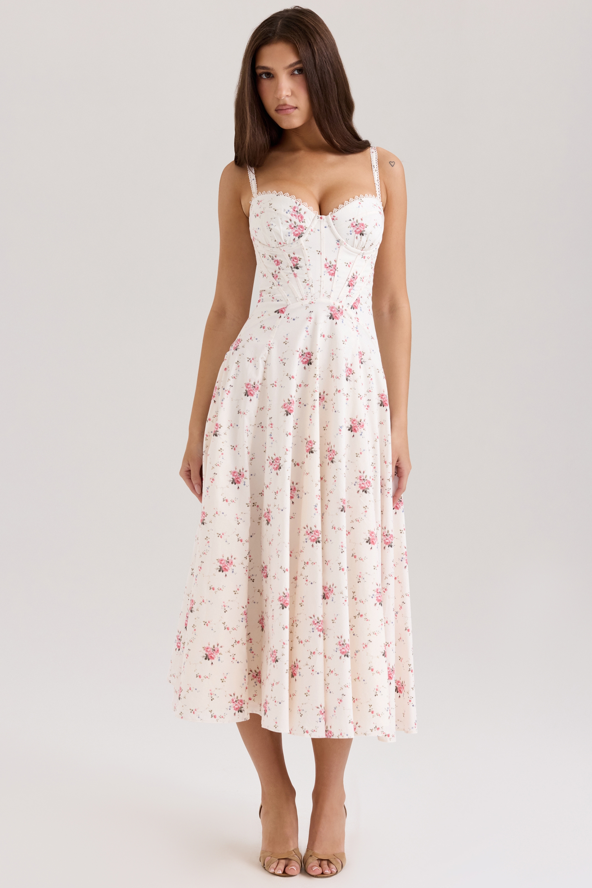 white stretch cotton rose print midi sundress | House of CB