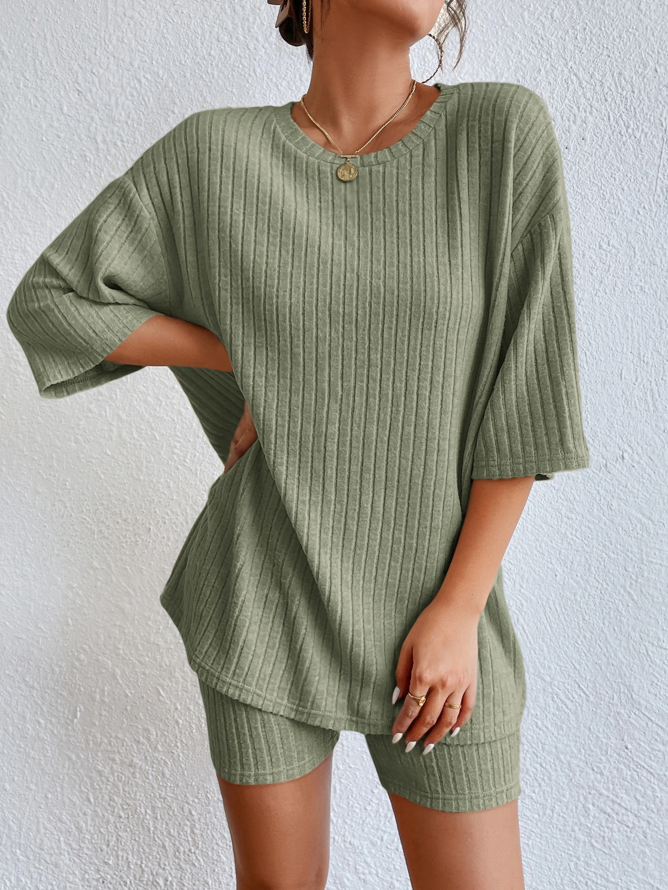 SHEIN EZwear Drop Shoulder Rib-knit Tee & Biker Shorts SKU: sw2209052769130045(1000+ Reviews)$15.... | SHEIN