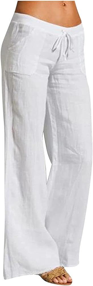 RUSHAIBAR Women's Cotton Linen Long Lounge Pants High Waist Drawstring Loose Fit Casual Trousers wit | Amazon (US)